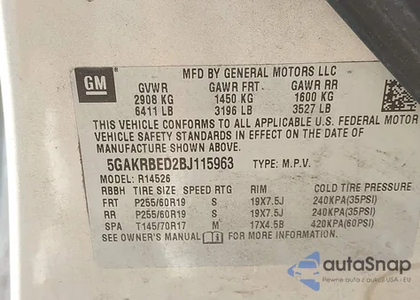 2011 Buick Enclave 1Xl из США, поврежденный, VIN 5GAKRBED2BJ115963